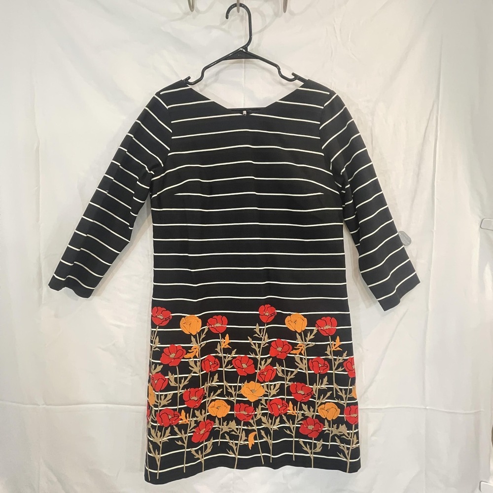 Lands' End Dress Womens 10‎ Black White Stripe Floral Embroidered Shift Pockets